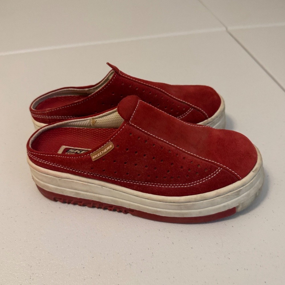 Skechers Sport Red Suede Platform Mules Vintage Y2K Chunky Slip On Shoes 7.5 ss